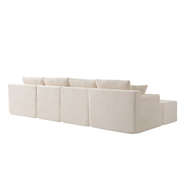 English Elm 83 Inch Frameless Double Chaise Lounge Sofa with High Density Foam Core and Four Pillows 131 inches White Corduroy W5385S00040