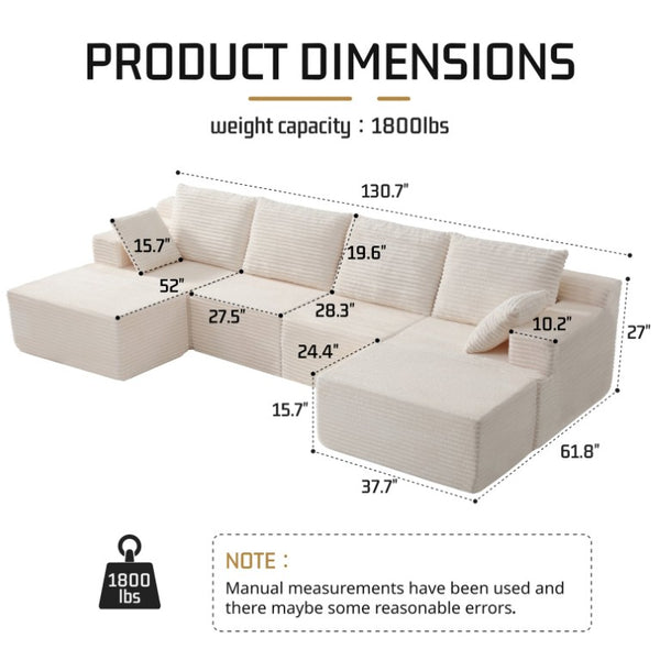 English Elm 83 Inch Frameless Double Chaise Lounge Sofa with High Density Foam Core and Four Pillows 131 inches White Corduroy W5385S00040