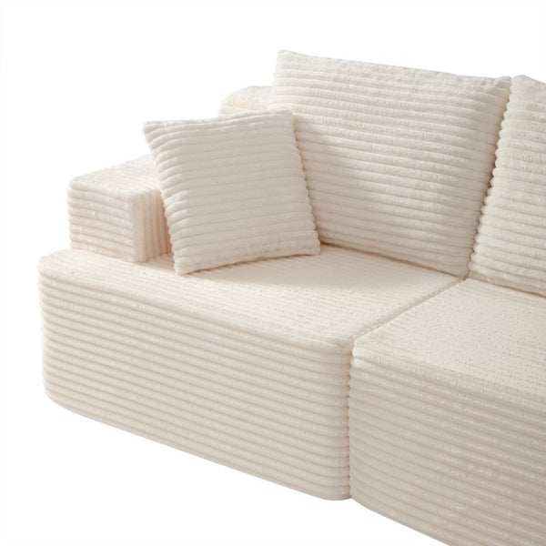 English Elm 83 Inch Frameless Double Chaise Lounge Sofa with High Density Foam Core and Four Pillows 131 inches White Corduroy W5385S00040