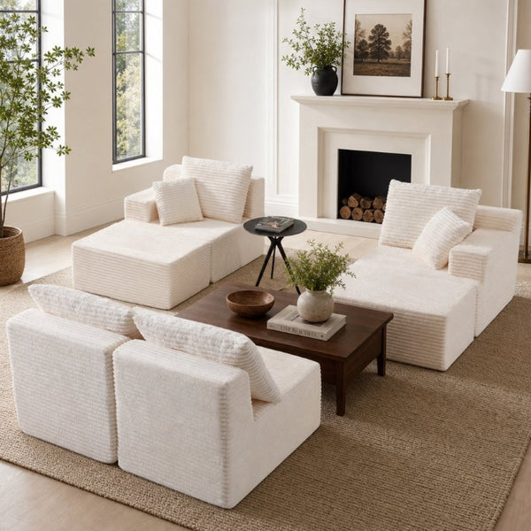 English Elm 83 Inch Frameless Double Chaise Lounge Sofa with High Density Foam Core and Four Pillows 131 inches White Corduroy W5385S00040