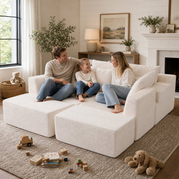 English Elm 83 Inch Frameless Double Chaise Lounge Sofa with High Density Foam Core and Four Pillows 131 inches White Corduroy W5385S00040