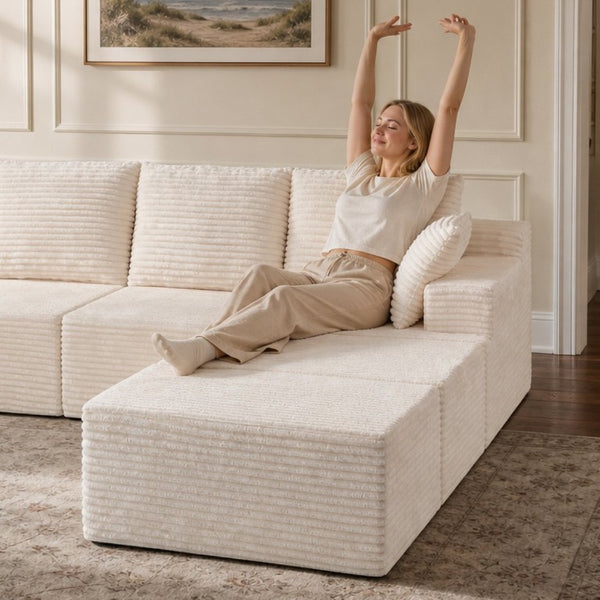 English Elm 83 Inch Frameless Double Chaise Lounge Sofa with High Density Foam Core and Four Pillows 131 inches White Corduroy W5385S00040