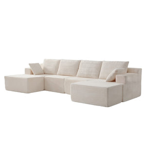 English Elm 83 Inch Frameless Double Chaise Lounge Sofa with High Density Foam Core and Four Pillows 131 inches White Corduroy W5385S00040