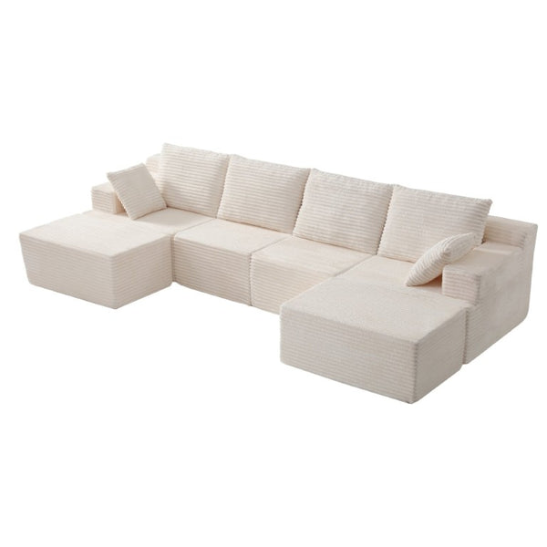 English Elm 83 Inch Frameless Double Chaise Lounge Sofa with High Density Foam Core and Four Pillows 131 inches White Corduroy W5385S00040
