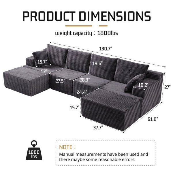 English Elm 131 Inch Modular Cloud Sofa with Memory Foam Fill and Two Ottomans for Living Rooms W5385S00041