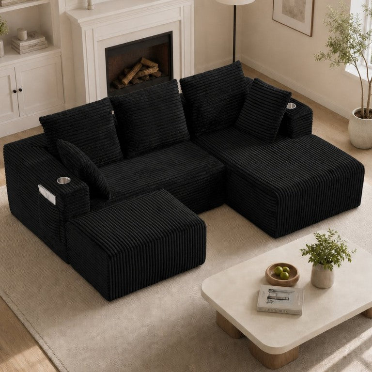 English Elm 95''Modular Corduroy Sectional Sofa Four Seat Chaise and Ottoman Living Room Set W5385S00043