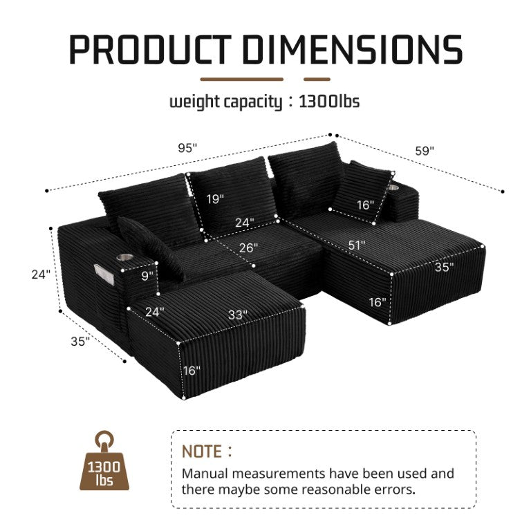 English Elm 95''Modular Corduroy Sectional Sofa Four Seat Chaise and Ottoman Living Room Set W5385S00043
