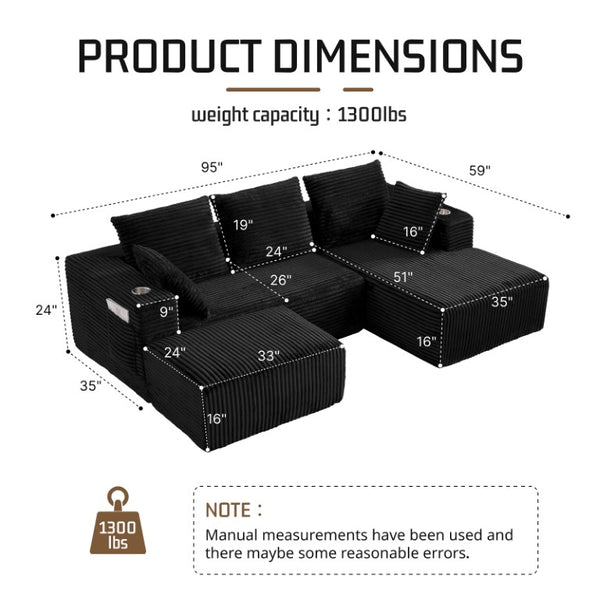 English Elm 95''Modular Corduroy Sectional Sofa Four Seat Chaise and Ottoman Living Room Set W5385S00043