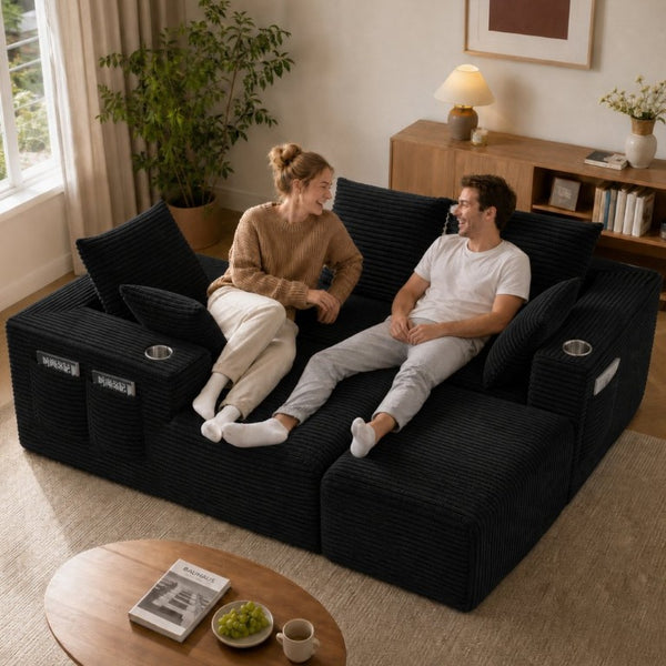 English Elm 95''Modular Corduroy Sectional Sofa Four Seat Chaise and Ottoman Living Room Set W5385S00043