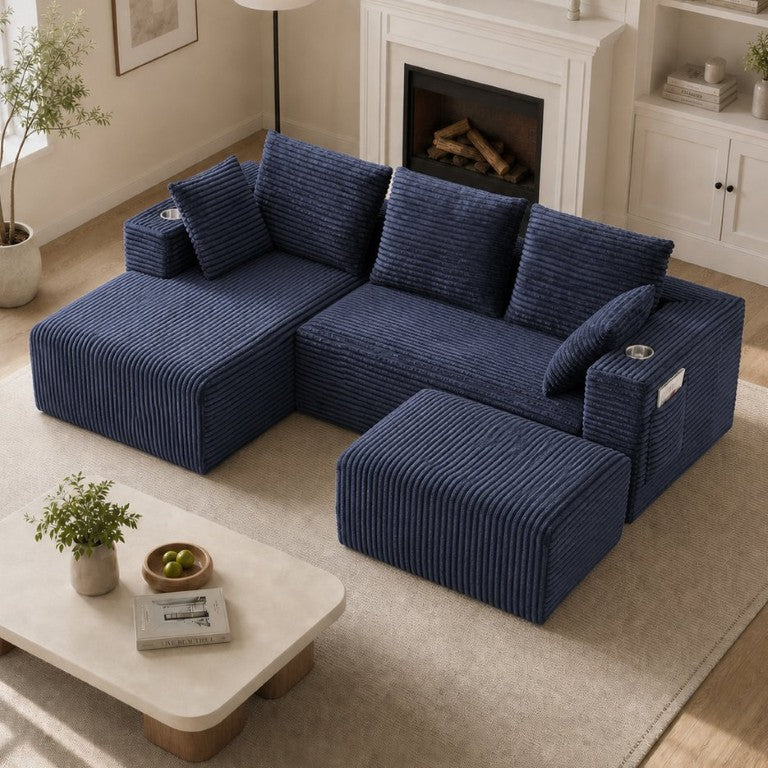 English Elm 95''Modular Corduroy Sectional Sofa Four Seat Chaise Ottoman Flexible Living Room Set W5385S00044