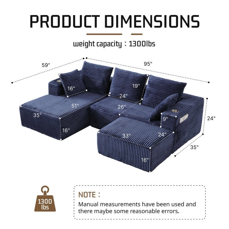 English Elm 95''Modular Corduroy Sectional Sofa Four Seat Chaise Ottoman Flexible Living Room Set W5385S00044