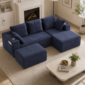 English Elm 95''Modular Corduroy Sectional Sofa Four Seat Chaise and Ottoman Flexible Living Room Set W5385S00045