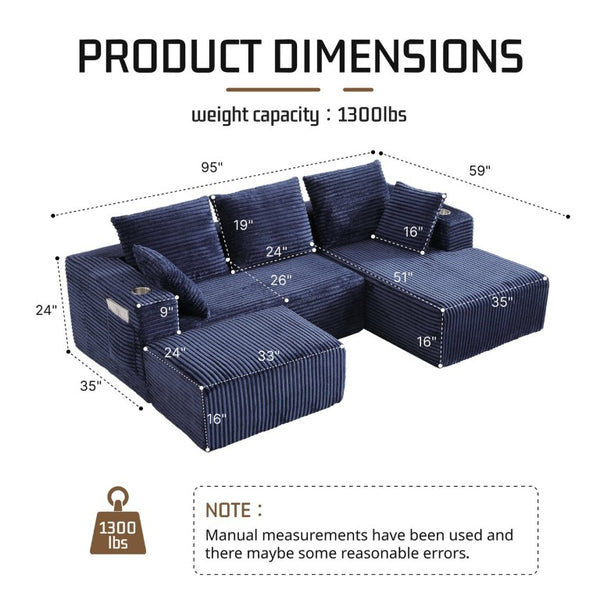 English Elm 95''Modular Corduroy Sectional Sofa Four Seat Chaise and Ottoman Flexible Living Room Set W5385S00045