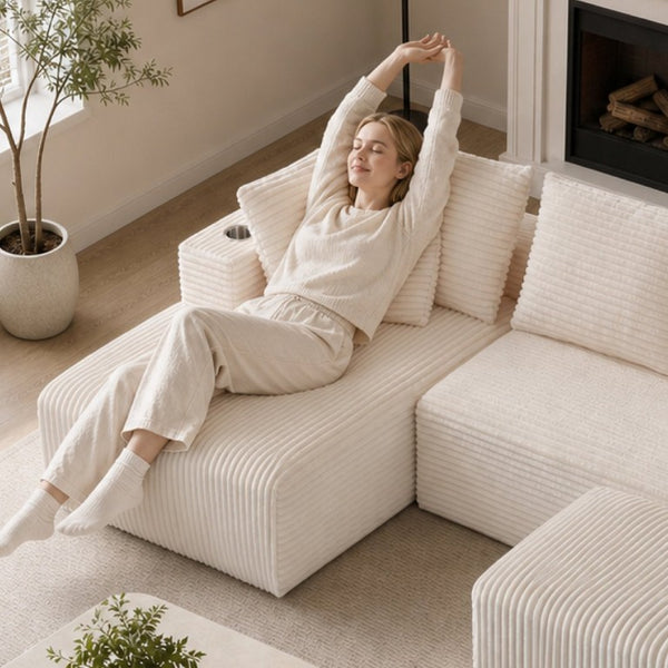 English Elm 95''Modular Corduroy Sectional with Chaise Ottoman and Side Pocket for Any Living Room Let Me Count: 9+5+1+1+8+9+5+1+4+1+6+1+7+1+3+1+4+1+6+1+3+1+4+1+6+1+4 = Let Me Characters Directly. and for Any 9 5 ' M O D U L a R = 11 Space = 1 → W5385S00046