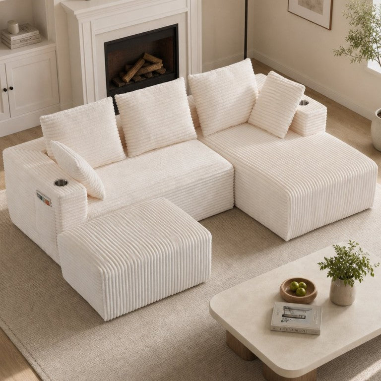 English Elm 95''Modular Corduroy Sectional Sofa with Chaise Ottoman and Flexible Four Seat Layout W5385S00047
