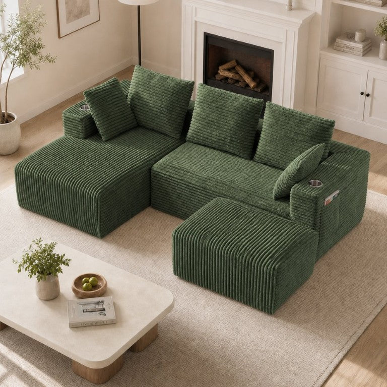 English Elm 95''Modular Corduroy Sectional Sofa Four Seat Chaise Ottoman Living Room Set W5385S00048
