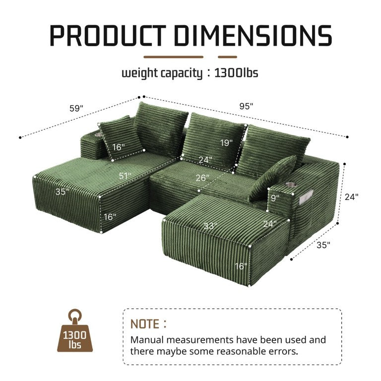 English Elm 95''Modular Corduroy Sectional Sofa Four Seat Chaise Ottoman Living Room Set W5385S00048