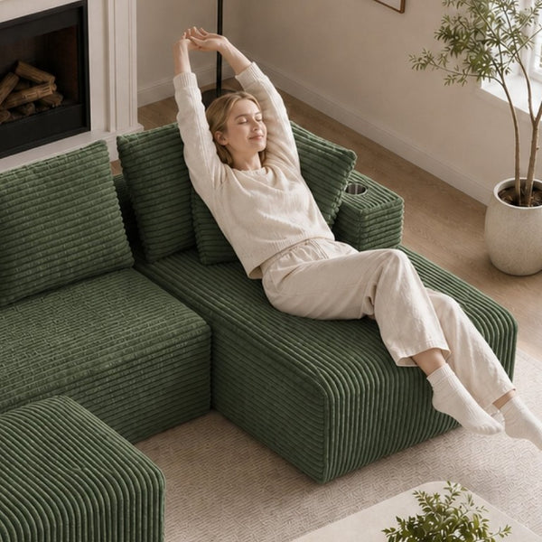 English Elm 95''Modular Corduroy Sectional Sofa with Chaise Ottoman Four Seat Reconfigurable Living Room Let Me Count: 9+5+1+1+7+8+7+5+5+5+7+4+4+13+6+4 = Let Me Character by = 11 Space = 1 (12) C-O-R-D W5385S00049
