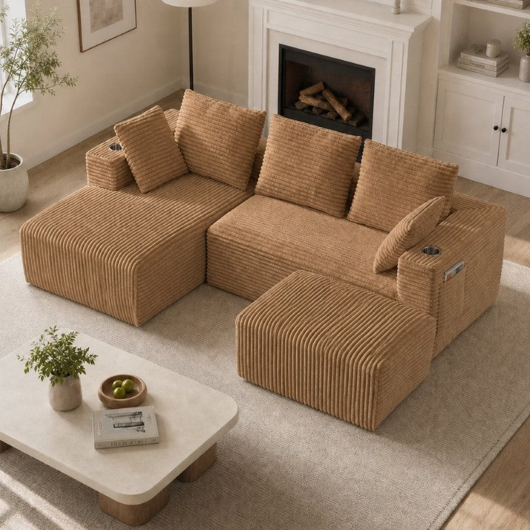 English Elm 95''Modular Corduroy Sectional Sofa with Chaise Ottoman and Reconfigurable Four Seat Layout W5385S00050