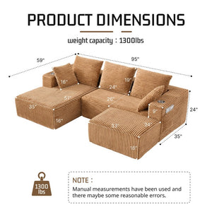 English Elm 95''Modular Corduroy Sectional Sofa with Chaise Ottoman and Reconfigurable Four Seat Layout W5385S00050