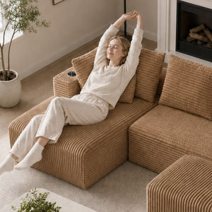 English Elm 95''Modular Corduroy Sectional Sofa with Chaise Ottoman and Reconfigurable Four Seat Layout W5385S00050