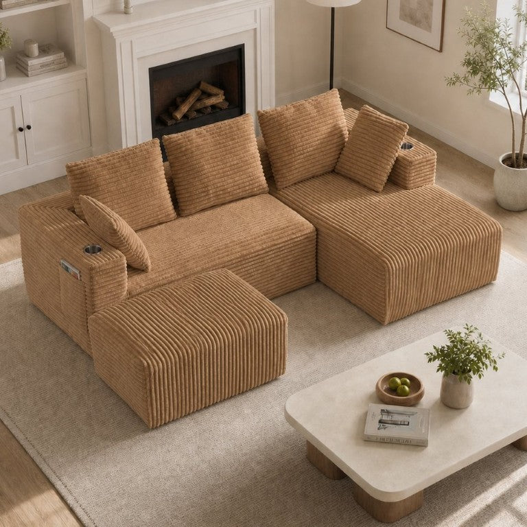 English Elm 95''Modular Corduroy Sectional Sofa Four Seat Chaise with Ottoman and Storage Pocket W5385S00051