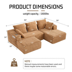 English Elm 95''Modular Corduroy Sectional Sofa Four Seat Chaise with Ottoman and Storage Pocket W5385S00051