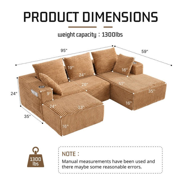 English Elm 95''Modular Corduroy Sectional Sofa Four Seat Chaise with Ottoman and Storage Pocket W5385S00051