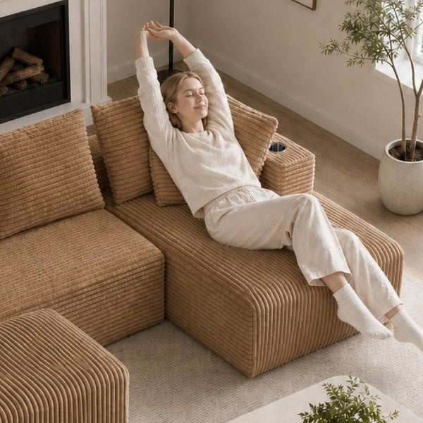 English Elm 95''Modular Corduroy Sectional Sofa Four Seat Chaise with Ottoman and Storage Pocket W5385S00051