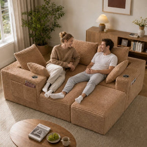 English Elm 95''Modular Corduroy Sectional Sofa Four Seat Chaise with Ottoman and Storage Pocket W5385S00051