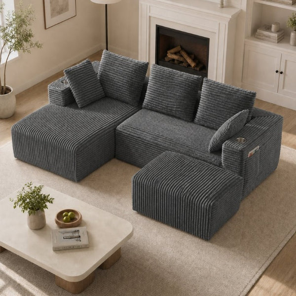 English Elm 95''Modular Corduroy Sectional Sofa with Chaise Ottoman and Spring Cushion Living Room Set W5385S00052