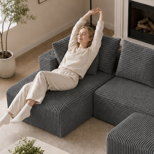 English Elm 95''Modular Corduroy Sectional Sofa with Chaise Ottoman and Spring Cushion Living Room Set W5385S00052