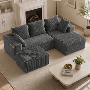 English Elm 95''Modular Corduroy Sectional Sofa with Chaise Ottoman and Flexible Four Seat Living Room Design W5385S00053