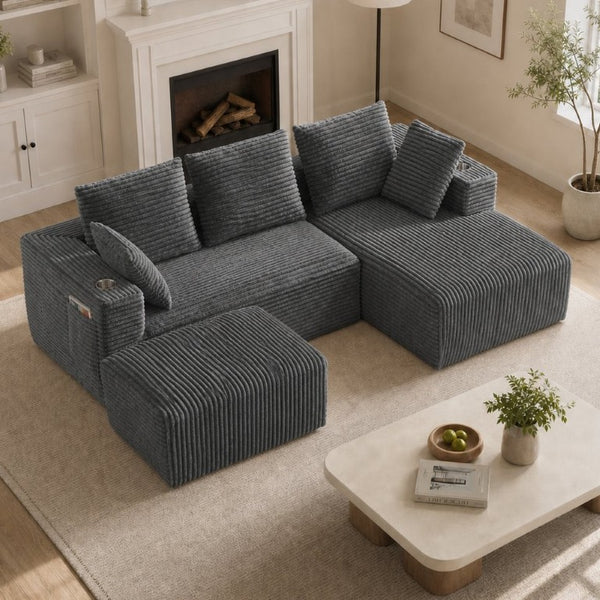 English Elm 95''Modular Corduroy Sectional Sofa with Chaise Ottoman and Flexible Four Seat Living Room Design W5385S00053