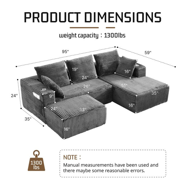 English Elm 95''Modular Corduroy Sectional Sofa with Chaise Ottoman and Flexible Four Seat Living Room Design W5385S00053