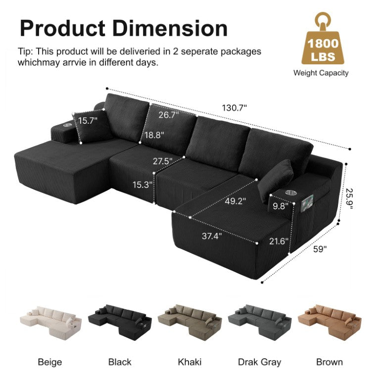 English Elm 130 Inch U-Shaped Modular Sectional in Corduroy for Spacious Living Room Lounging W5385S00065