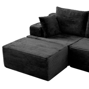 English Elm 131 Inch Oversized Corduroy Cloud Sofa with Memory Foam Modules and Two Ottomans Black W5385S00067