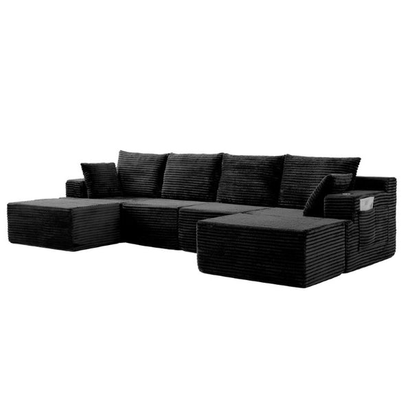 English Elm 131 Inch Oversized Corduroy Cloud Sofa with Memory Foam Modules and Two Ottomans Black W5385S00067