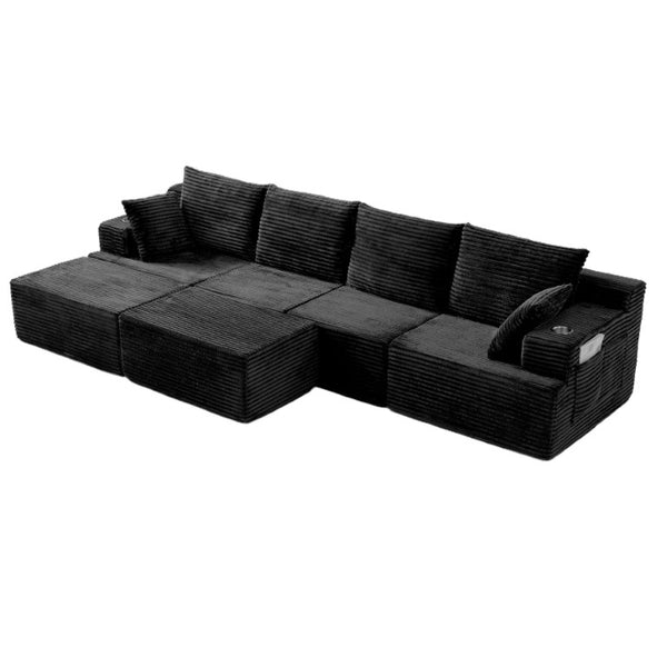 English Elm 131 Inch Oversized Corduroy Cloud Sofa with Memory Foam Modules and Two Ottomans Black W5385S00067