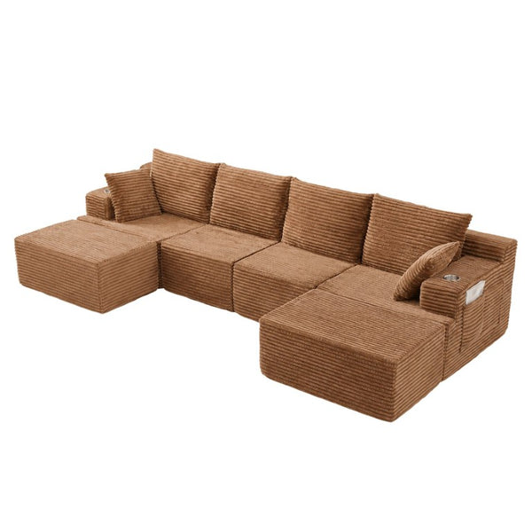 English Elm 131 Inch Oversized Corduroy Cloud Sofa with Memory Foam Modules and Two Ottomans Brown W5385S00068
