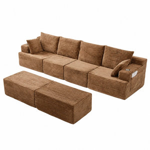 English Elm 131 Inch Oversized Corduroy Cloud Sofa with Memory Foam Modules and Two Ottomans Brown W5385S00068