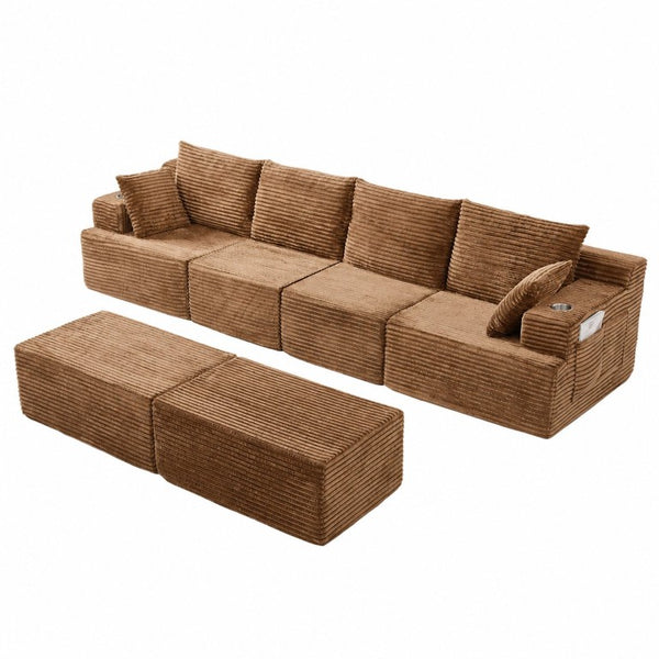 English Elm 131 Inch Oversized Corduroy Cloud Sofa with Memory Foam Modules and Two Ottomans Brown W5385S00068