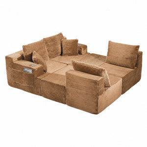 English Elm 131 Inch Oversized Corduroy Cloud Sofa with Memory Foam Modules and Two Ottomans Brown W5385S00068