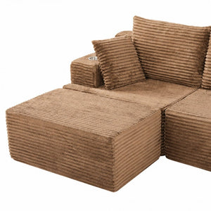 English Elm 131 Inch Oversized Corduroy Cloud Sofa with Memory Foam Modules and Two Ottomans Brown W5385S00068