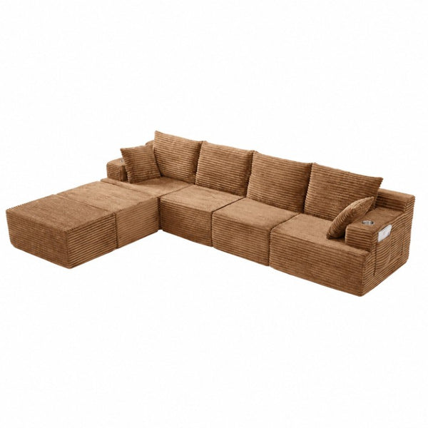 English Elm 131 Inch Oversized Corduroy Cloud Sofa with Memory Foam Modules and Two Ottomans Brown W5385S00068