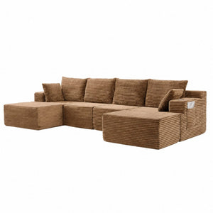 English Elm 131 Inch Oversized Corduroy Cloud Sofa with Memory Foam Modules and Two Ottomans Brown W5385S00068