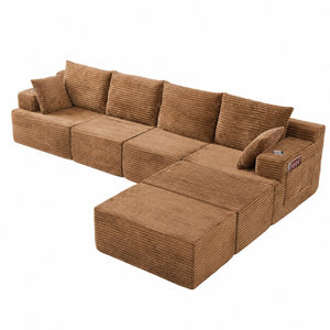 English Elm 131 Inch Oversized Corduroy Cloud Sofa with Memory Foam Modules and Two Ottomans Brown W5385S00068