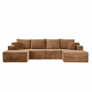 English Elm 131 Inch Oversized Corduroy Cloud Sofa with Memory Foam Modules and Two Ottomans Brown W5385S00068