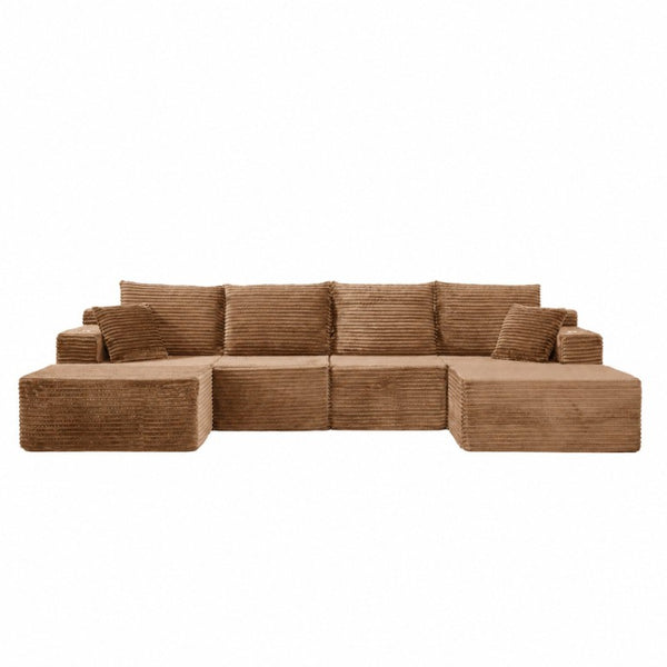 English Elm 131 Inch Oversized Corduroy Cloud Sofa with Memory Foam Modules and Two Ottomans Brown W5385S00068
