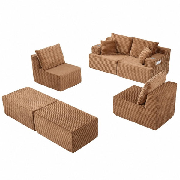 English Elm 131 Inch Oversized Corduroy Cloud Sofa with Memory Foam Modules and Two Ottomans Brown W5385S00068